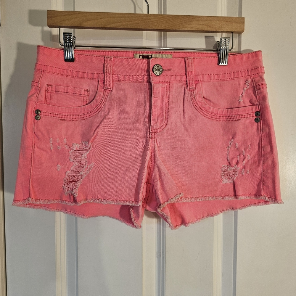 ✅️ Hot Pink Retro L.E.I. Ashley Lowrise Distressed Neon Jean Denim Shorts Sz 11